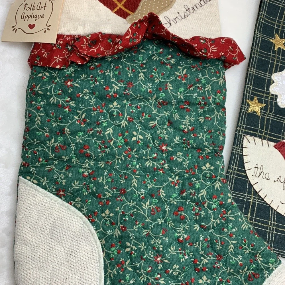 Vtg Valorie's Folk Art Appliqué Red Green Christmas Stockings & Angel Hand Towel